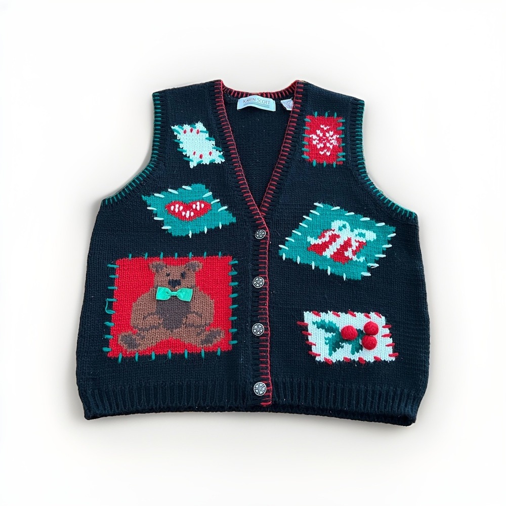 Karen Scott Vintage Christmas Teddy Bear Knit Cardigan Vest Red Womens Medium